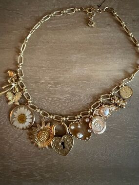 Gold Toned Brass Charm Necklace with Sunflower, Heart Lock & Daisy Charms